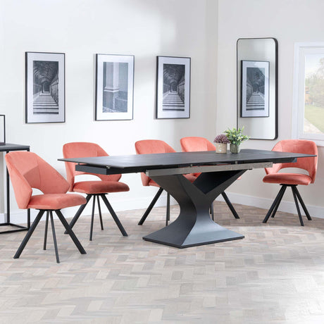 Anvik Black Ceramic Extending Dining Set - Ion Orange Velvet Fabric Swivel Dining Chair-4