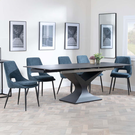 Anvik Black Ceramic Extending Dining Set - Peyton Blue Fabric Dining Chair-2