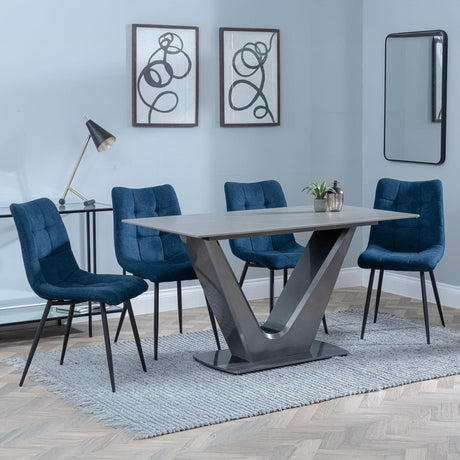 Camilla Grey Ceramic 4 Seater Dining Set - 4 Corona Blue Fabric Dining Chair-5