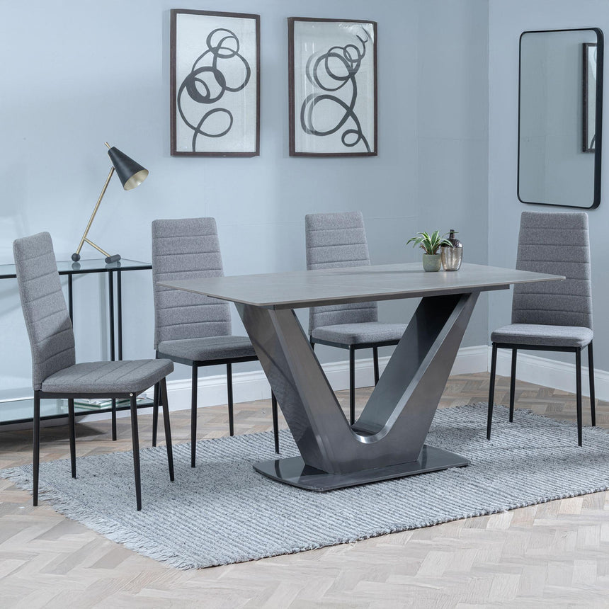 Camilla Grey Ceramic 4 Seater Dining Set - 4 Lido Dark Grey Fabric Dining Chair with Black Legs-4
