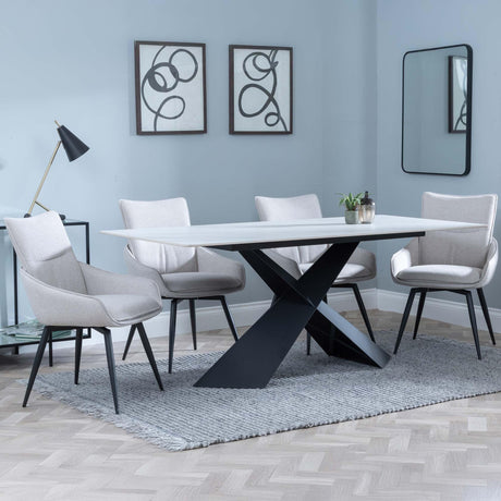 Merlin White Ceramic Dining Set - Ace Beige Fabric Swivel Dining Chair-3
