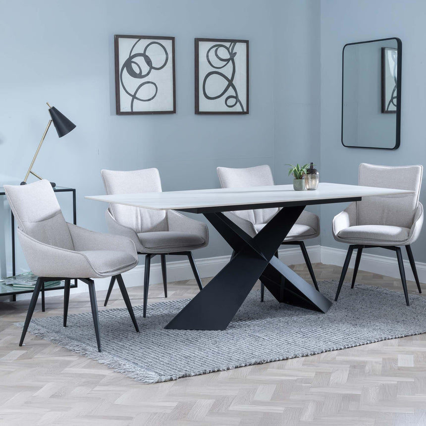 Merlin White Ceramic Dining Set - Ace Beige Fabric Swivel Dining Chair-3