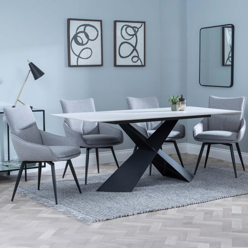 Merlin White Ceramic Dining Set - Ace Grey Fabric Swivel Dining Chair-2