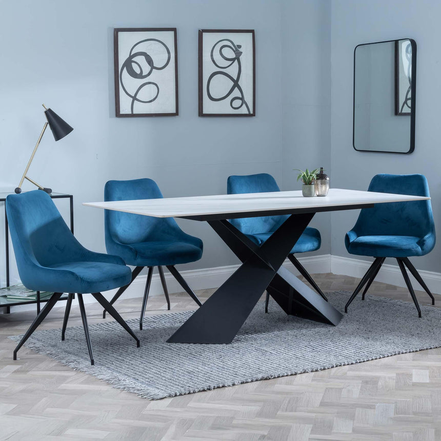Merlin White Ceramic Dining Set - Arctic Blue Velvet Fabric Swivel Dining Chair-3