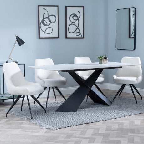 Merlin White Ceramic Dining Set - Arctic Cream Velvet Fabric Swivel Dining Chair-4