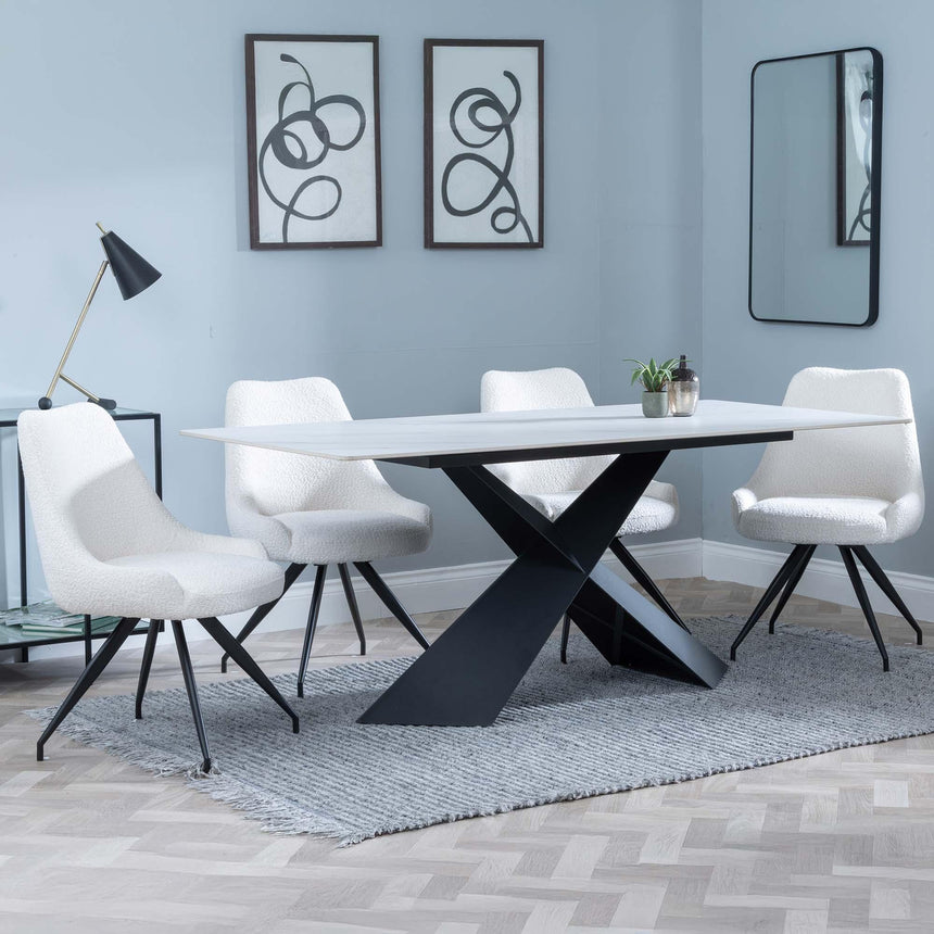 Merlin White Ceramic Dining Set - Arctic Cream Velvet Fabric Swivel Dining Chair-4