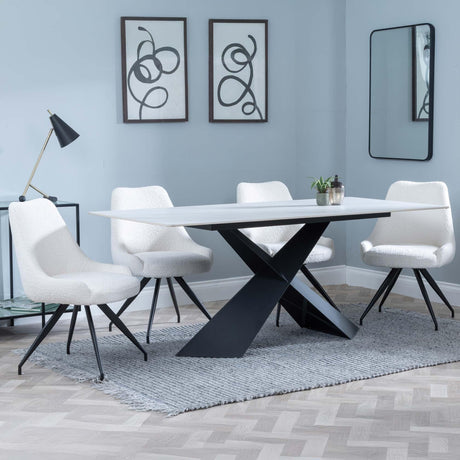 Merlin White Ceramic Dining Set - Arctic Cream Velvet Fabric Swivel Dining Chair-4