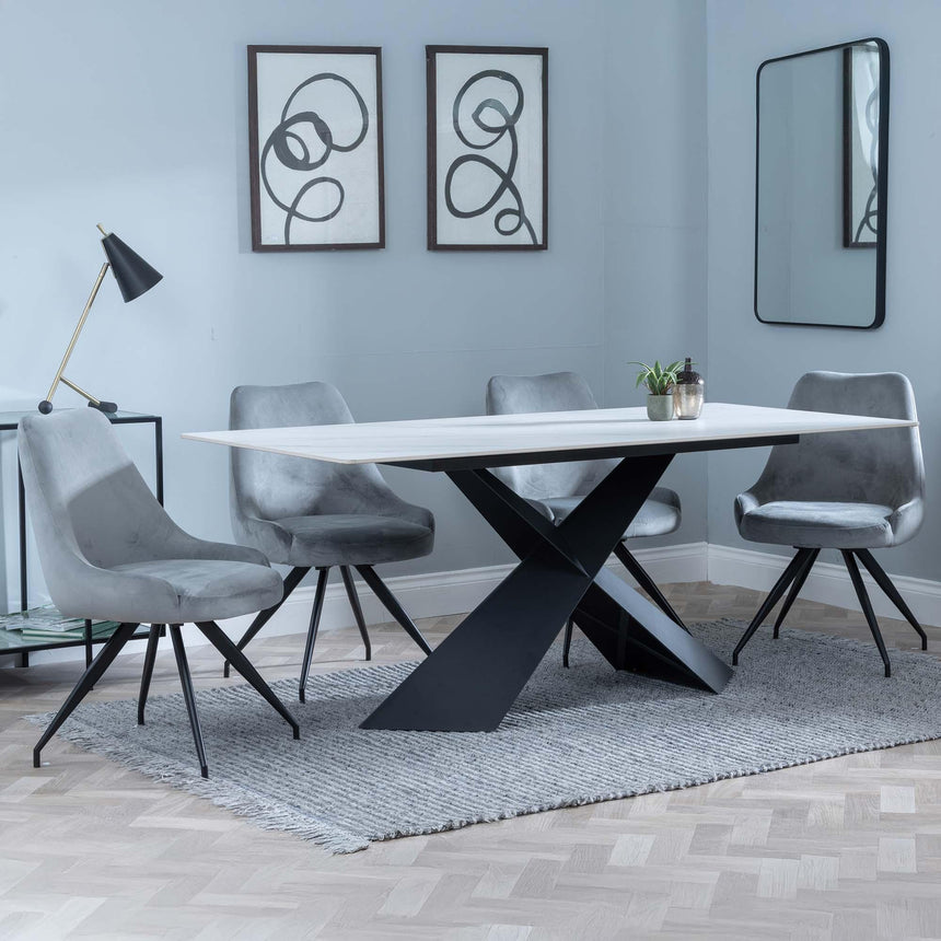 Merlin White Ceramic Dining Set - Arctic Grey Velvet Fabric Swivel Dining Chair-2