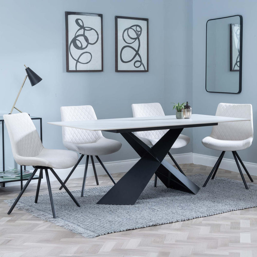 Merlin White Ceramic Dining Set - Boden Cream Fabric Swivel Dining Chair-2