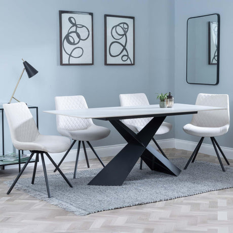 Merlin White Ceramic Dining Set - Boden Cream Fabric Swivel Dining Chair-2