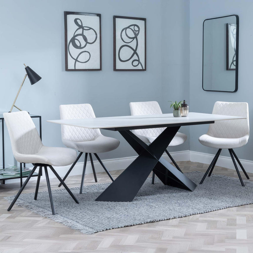 Merlin White Ceramic Dining Set - Boden Cream Fabric Swivel Dining Chair-2