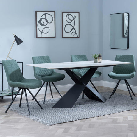 Merlin White Ceramic Dining Set - Boden Green Fabric Swivel Dining Chair-5