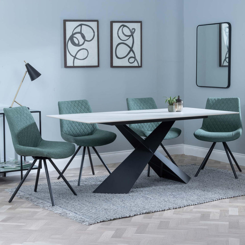 Merlin White Ceramic Dining Set - Boden Green Fabric Swivel Dining Chair-5
