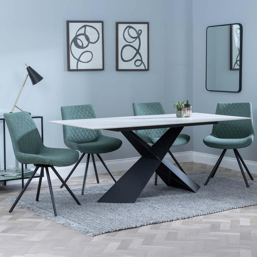 Merlin White Ceramic Dining Set - Boden Green Fabric Swivel Dining Chair-5