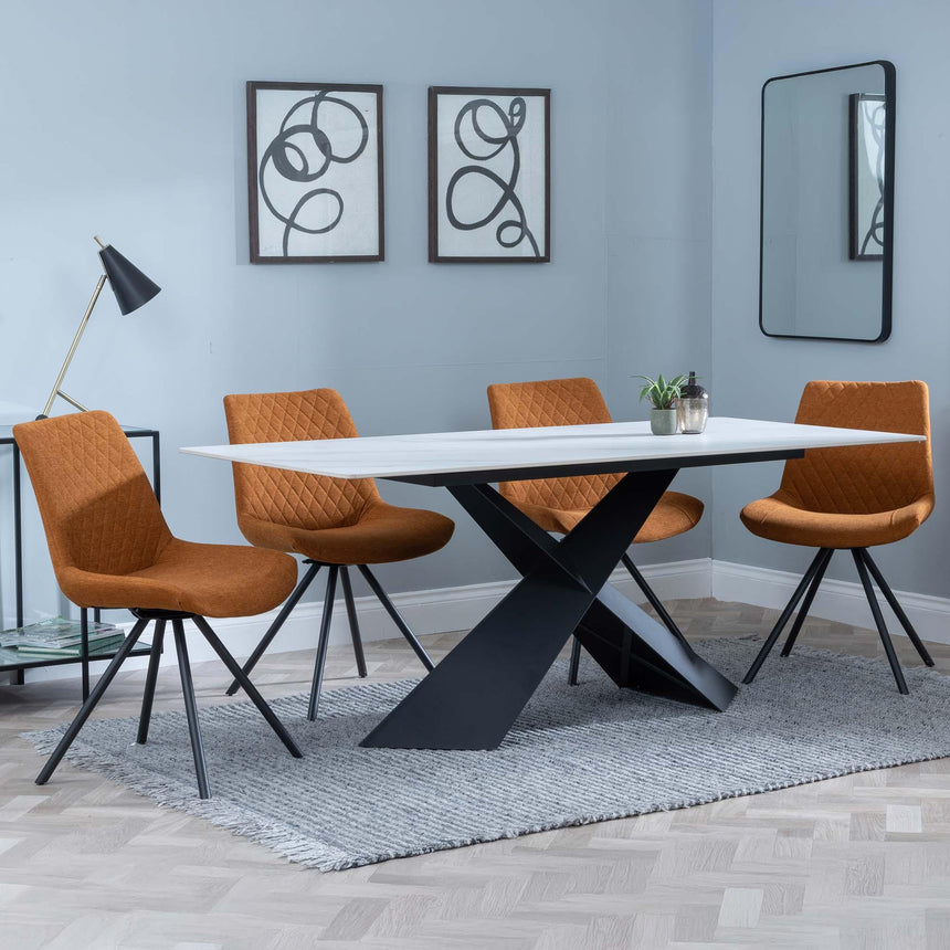 Merlin White Ceramic Dining Set - Boden Orange Fabric Swivel Dining Chair-4