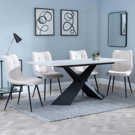 Merlin White Ceramic Dining Set - Corona Beige Fabric Dining Chair-3