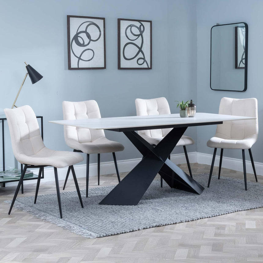 Merlin White Ceramic Dining Set - Corona Beige Fabric Dining Chair-3