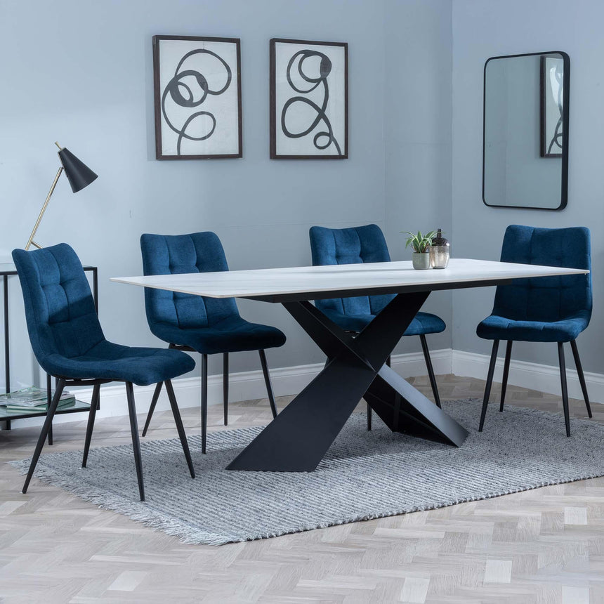 Merlin White Ceramic Dining Set - Corona Blue Fabric Dining Chair-5