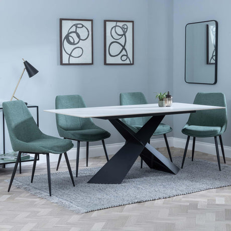 Merlin White Ceramic Dining Set - Darwin Green Fabric Dining Chair-4