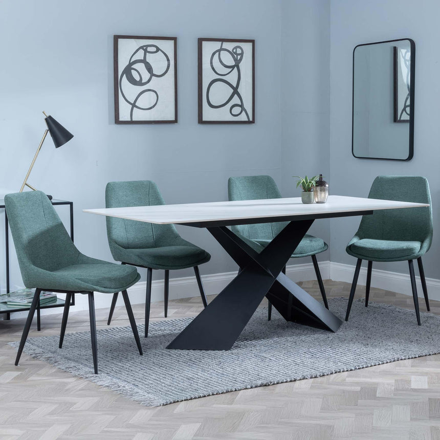 Merlin White Ceramic Dining Set - Darwin Green Fabric Dining Chair-4