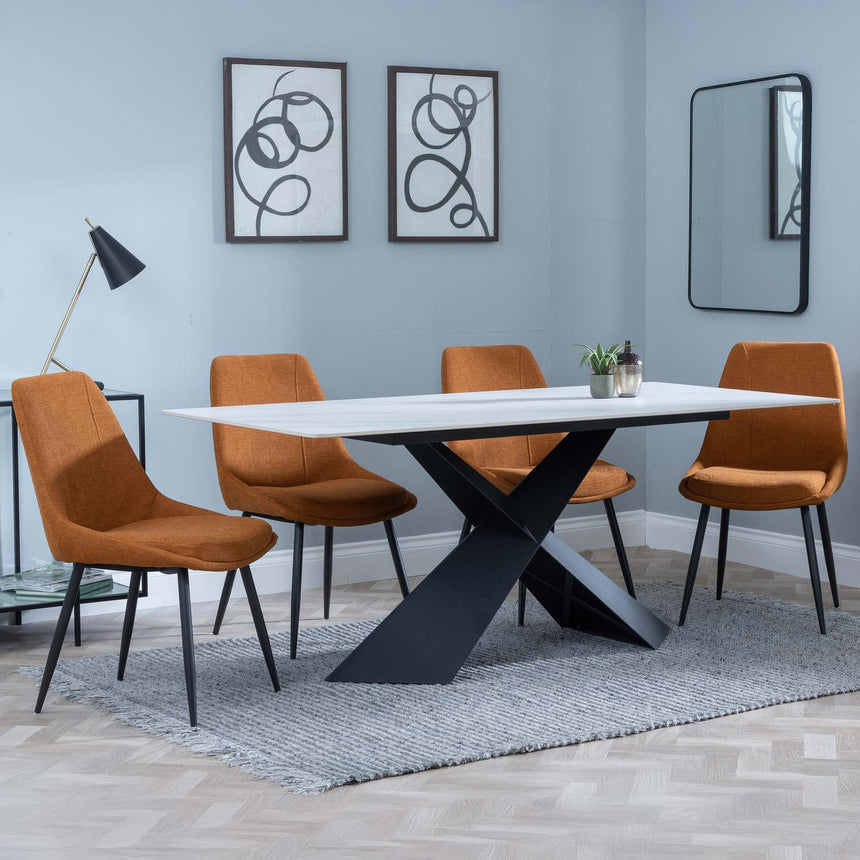 Merlin White Ceramic Dining Set - Darwin Orange Fabric Dining Chair-3