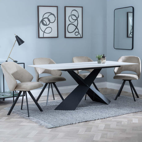 Merlin White Ceramic Dining Set - Ion Beige Velvet Fabric Swivel Dining Chair-2