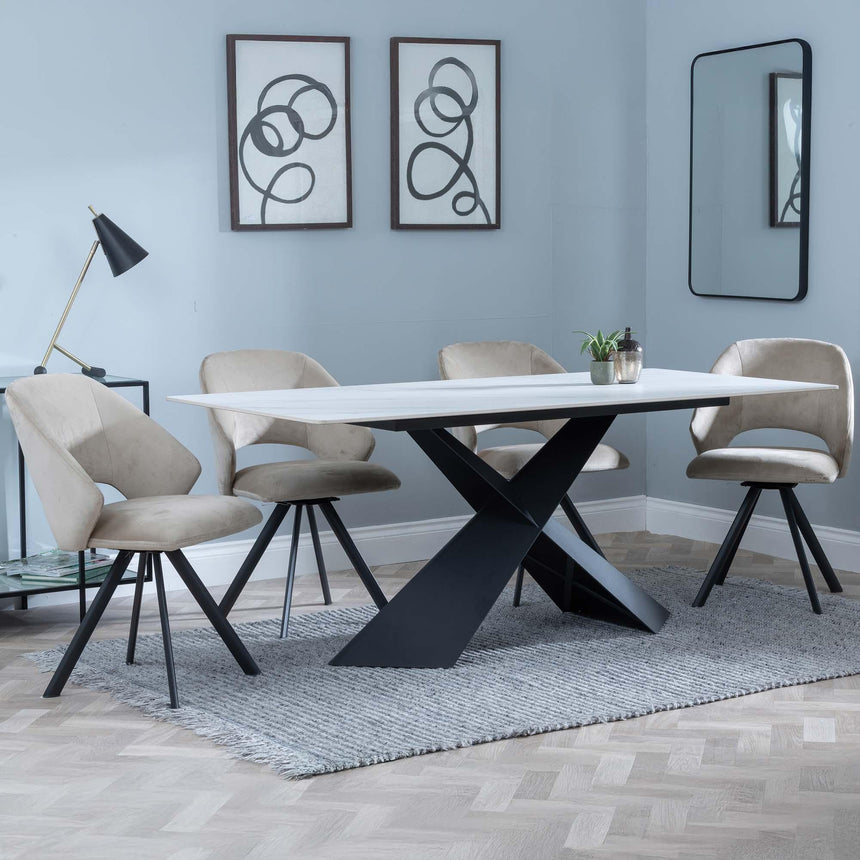 Merlin White Ceramic Dining Set - Ion Beige Velvet Fabric Swivel Dining Chair-2
