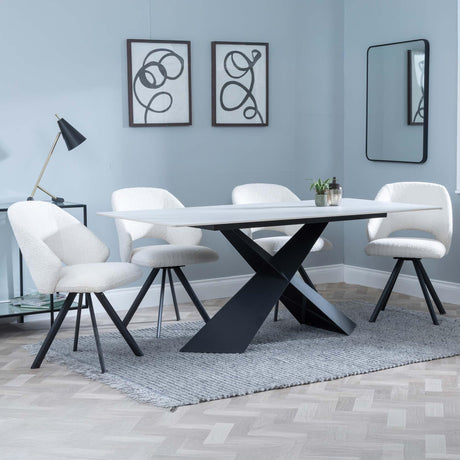 Merlin White Ceramic Dining Set - Ion Cream Boucle Teddy Fabric Swivel Dining Chair-5