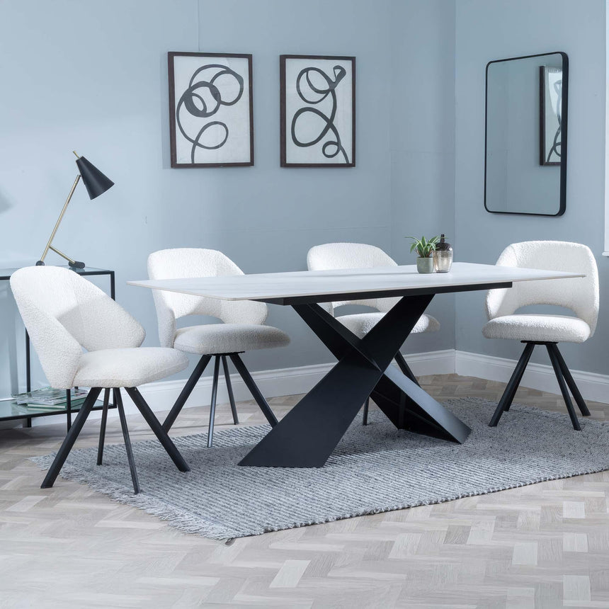 Merlin White Ceramic Dining Set - Ion Cream Boucle Teddy Fabric Swivel Dining Chair-5