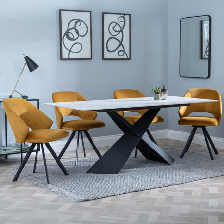 Merlin White Ceramic Dining Set - Ion Mustard Velvet Fabric Swivel Dining Chair-4