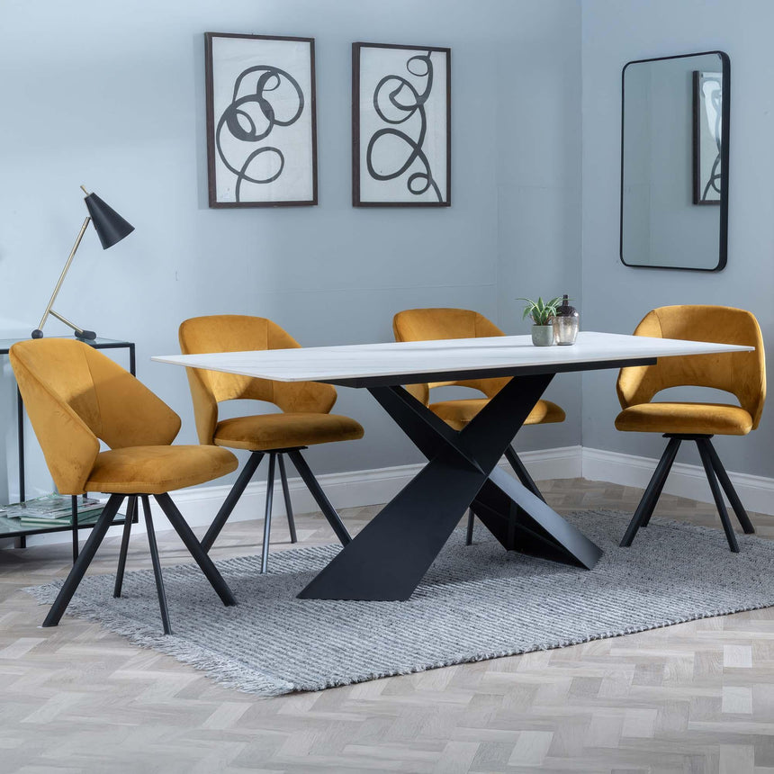 Merlin White Ceramic Dining Set - Ion Mustard Velvet Fabric Swivel Dining Chair-4
