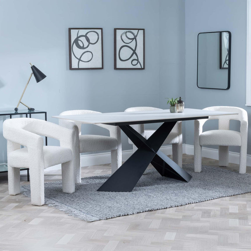 Merlin White Ceramic Dining Set - Kiefer Cream Boucle Fabric Dining Chair-2