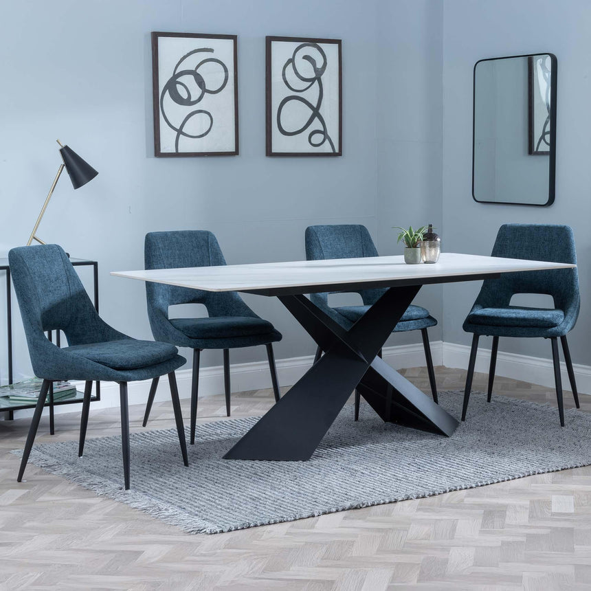 Merlin White Ceramic Dining Set - Peyton Blue Fabric Dining Chair-2