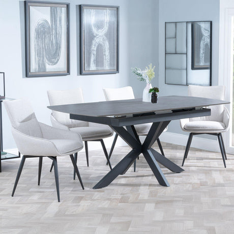 Bari Grey Ceramic Extending Dining Set - Ace Beige Fabric Swivel Dining Chair-3