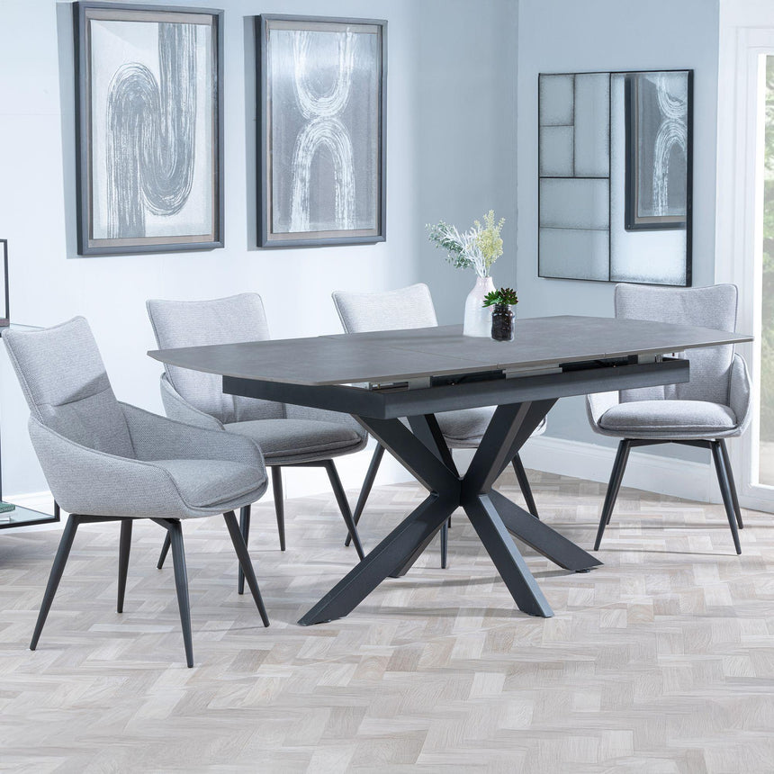 Bari Grey Ceramic Extending Dining Set - Ace Grey Fabric Swivel Dining Chair-2