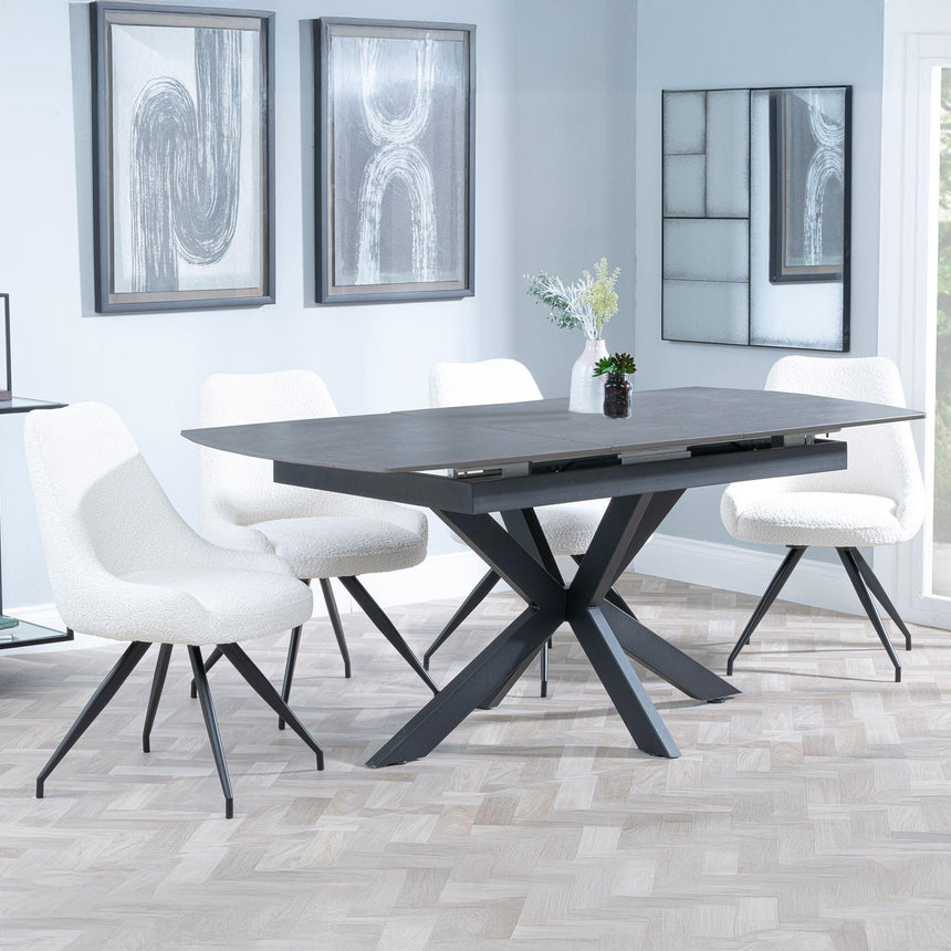 Bari Grey Ceramic Extending Dining Set - Arctic Cream Velvet Fabric Swivel Dining Chair-4