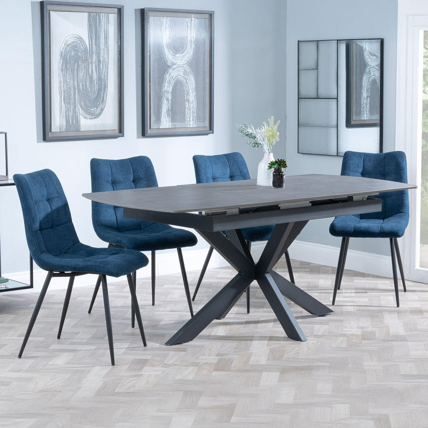 Bari Grey Ceramic Extending Dining Set - Corona Blue Fabric Dining Chair-5