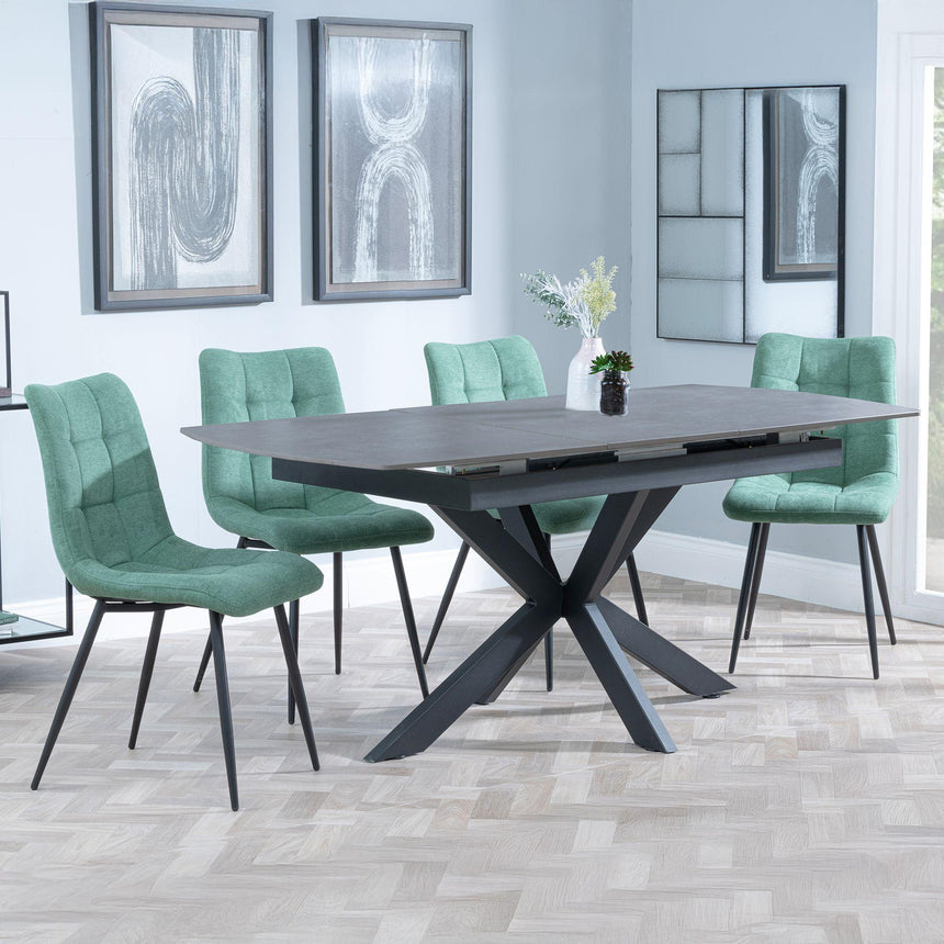 Bari Grey Ceramic Extending Dining Set - Corona Green Fabric Dining Chair-6