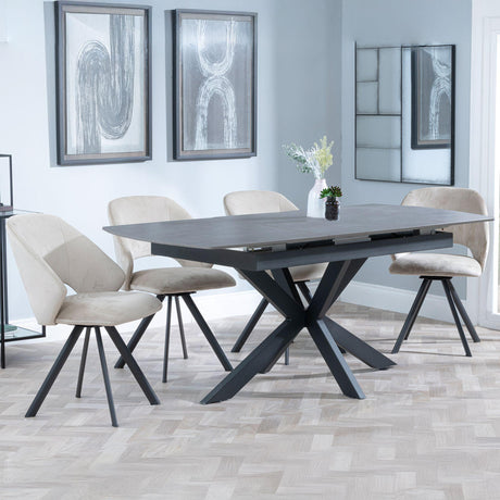 Bari Grey Ceramic Extending Dining Set - Ion Beige Velvet Fabric Swivel Dining Chair-2