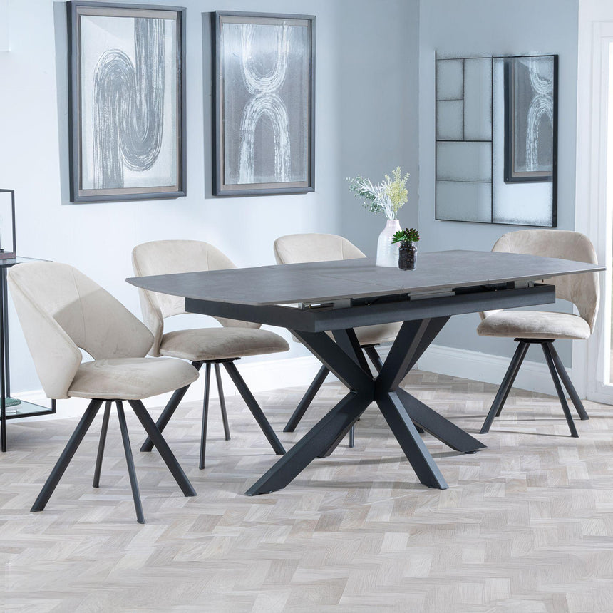 Bari Grey Ceramic Extending Dining Set - Ion Beige Velvet Fabric Swivel Dining Chair-2