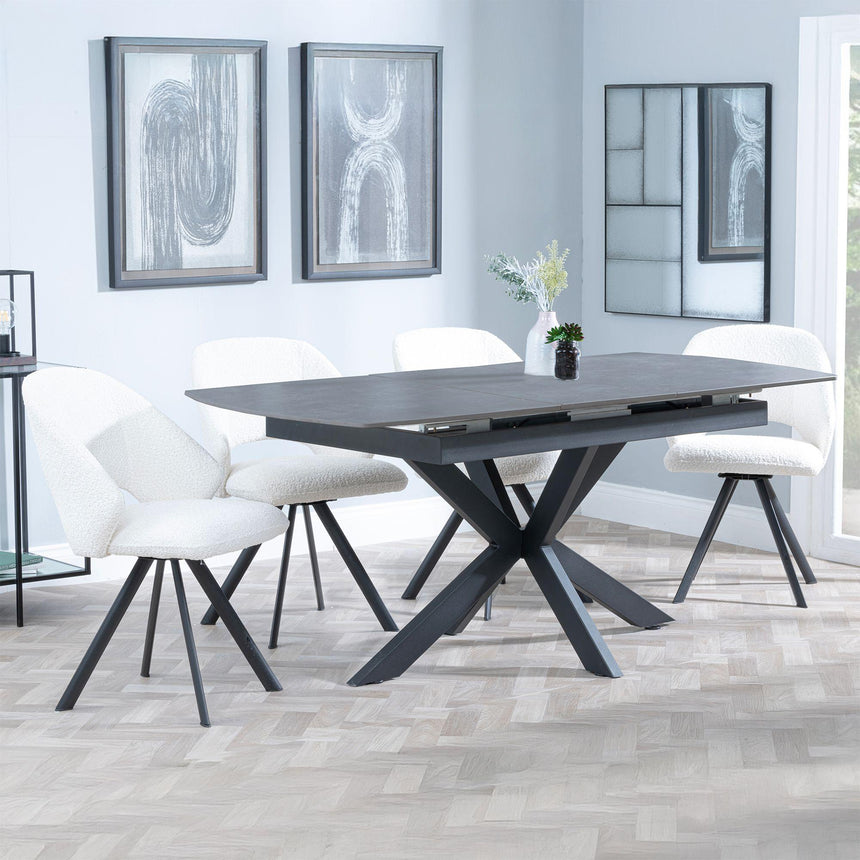 Bari Grey Ceramic Extending Dining Set - Ion Cream Boucle Teddy Fabric Swivel Dining Chair-5