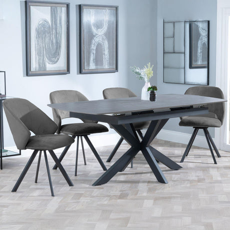 Bari Grey Ceramic Extending Dining Set - Ion Dark Grey Velvet Fabric Swivel Dining Chair-3