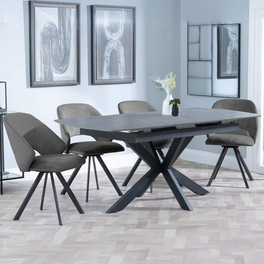 Bari Grey Ceramic Extending Dining Set - Ion Dark Grey Velvet Fabric Swivel Dining Chair-3