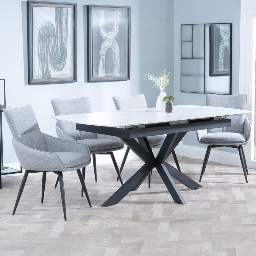 Bari White Ceramic Extending Dining Set - Ace Grey Fabric Swivel Dining Chair-2
