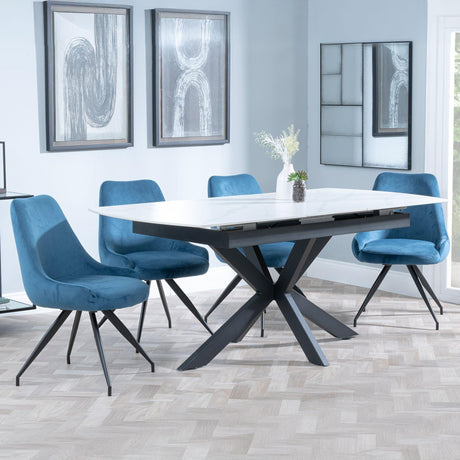 Bari White Ceramic Extending Dining Set - Arctic Blue Velvet Fabric Swivel Dining Chair-3