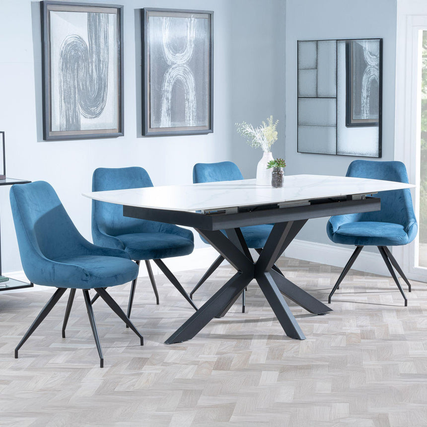 Bari White Ceramic Extending Dining Set - Arctic Blue Velvet Fabric Swivel Dining Chair-3