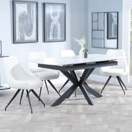 Bari White Ceramic Extending Dining Set - Arctic Cream Velvet Fabric Swivel Dining Chair-4