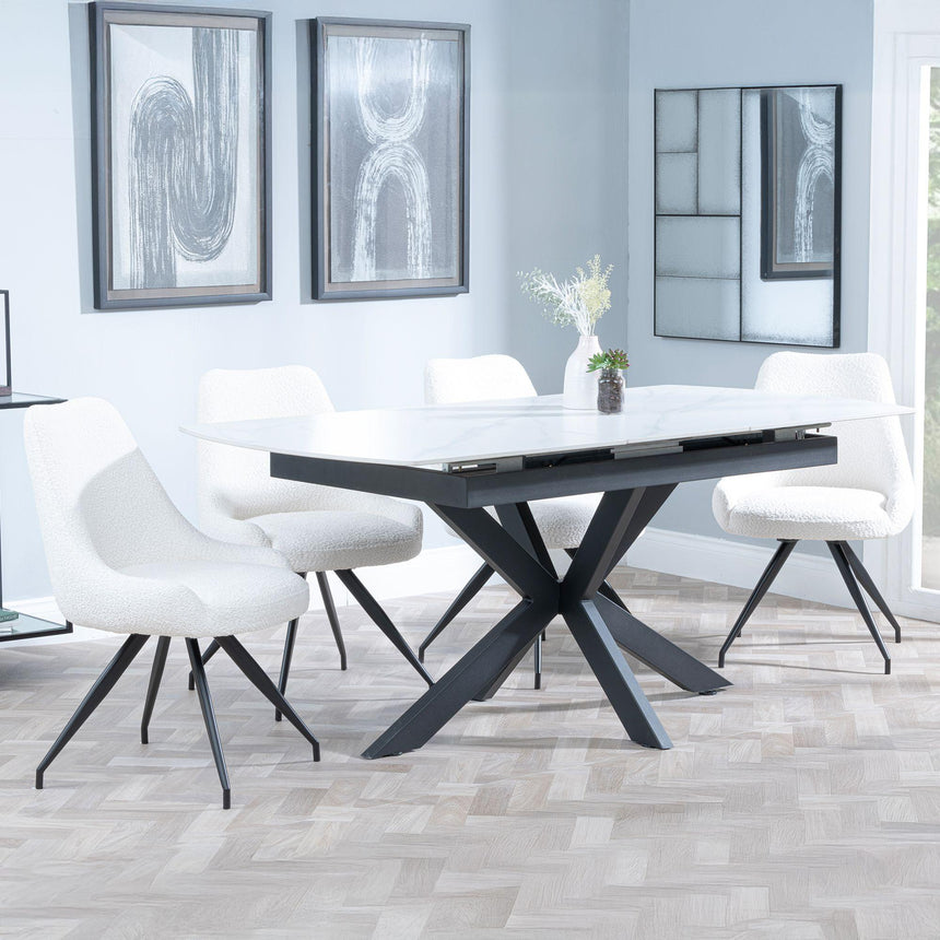Bari White Ceramic Extending Dining Set - Arctic Cream Velvet Fabric Swivel Dining Chair-4