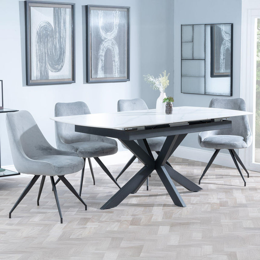 Bari White Ceramic Extending Dining Set - Arctic Grey Velvet Fabric Swivel Dining Chair-2