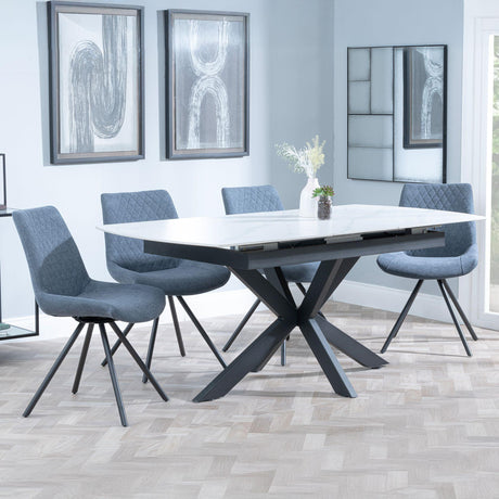 Bari White Ceramic Extending Dining Set - Boden Dark Grey Fabric Swivel Dining Chair